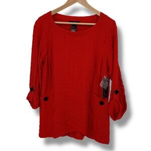 Ali Miles Red Textured Tunic Top Size Large Black Buttons Art To Wear Lagenlook